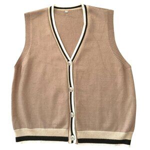 Gihuo Womens XL Beige and Brown Knit Vest With Striped Trim and Button Closure